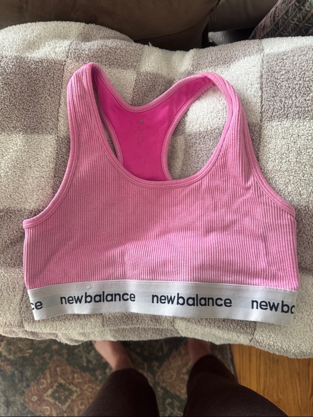 New Balance Pink Ribbed Racerback Sports Bra with White Logo Band